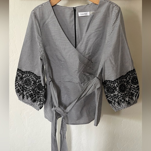 Calvin Klein| Poplin Wrap Top with Embroidered Balloon Sleeve•••+ Tie Waist - Picture 1 of 16